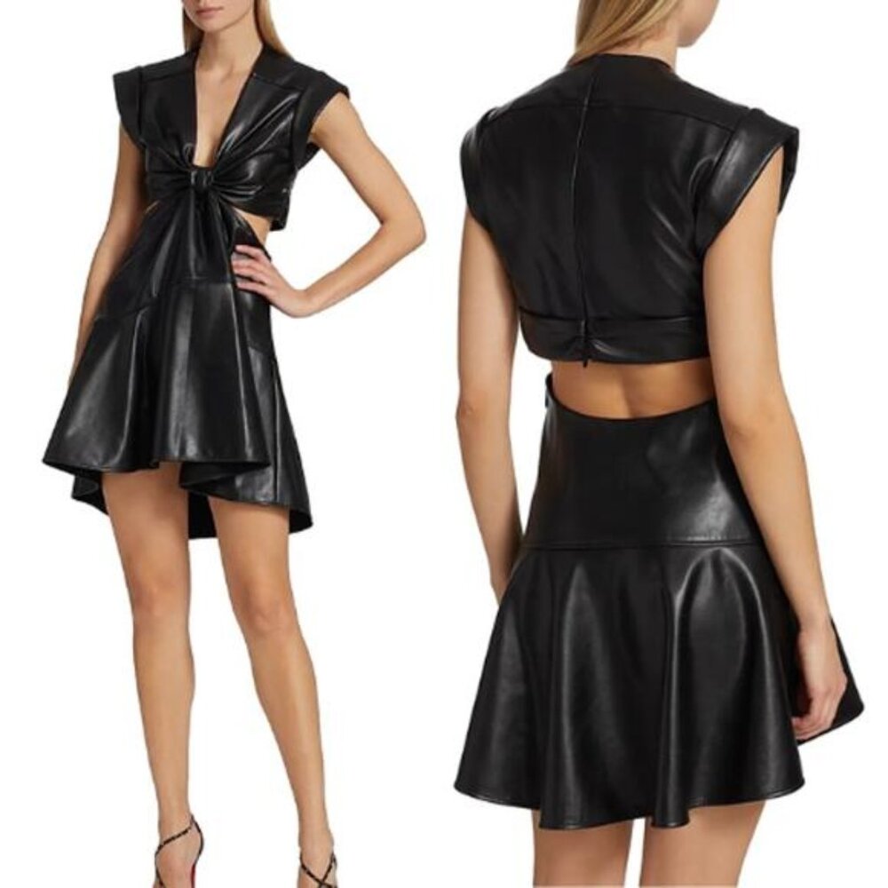 NEW A.L.C. Lexi Coated Cut-Out V Neckline Cap Sleeves Mini Dress Black Size: 0